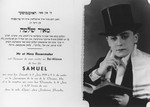 Invitation in Yiddish and French to the bar mitzvah of Samuel (Meir Shlomo) Rozenmuter on June 3, 1939 at the synagogue on the rue de la Clinique in Brussels, Belgium.