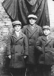 Three Jewish boys pose next to a brick wall.

Pictured are Paul (right) and Samuel (center) Halter.