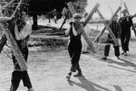 Jewish men at forced labor carrying sections of barbed wire fencing along a road in Konskowola.
