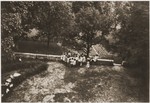 View of the grounds of the Chateau de Montluel children's home near Lyon, where a group of children who have been recently released from the Rivesaltes internment camp are gathered.