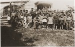 Jewish children who have been released from the Rivesaltes internment camp, pose outside the Chateau de Montluel children's home near Lyon soon after their arrival.