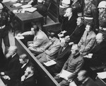 The defendants in the dock at the International Military Tribunal trial of war criminals at Nuremberg.