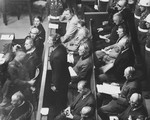 Defendant Ernst Kaltenbrunner pleads "not guilty" to the charges against him at the International Military Tribunal trial of war criminals at Nuremberg.