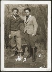 Portrait of two young Jewish DPs from Poland who are members of a Hashomer Hatzair Zionist agricultural collective at the Leipheim displaced persons camp.