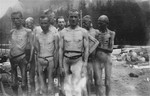 A group of emaciated Jewish survivors stand outside in the Ebensee concentration camp.