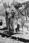 Emaciated survivors from hospital barracks 2 (for Jews) in  Ebensee use a portable shower unit set up for them by personnel of the 30th U.S.