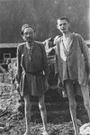 Two emaciated survivors from the infirmary for Jews in Ebensee, a sub-camp of Mauthausen which was liberated by a unit of the 3rd Cavalry Recon.