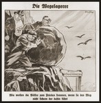 Caricature on the front page of the Nazi publication, Der Stuermer, depicting the Jewish people as highwaymen poised to drop a large bolder to block the road "to the peace of the nations."  The caption under the caricature asks, "How will the people of the world come to peace if the way there is not secure?"