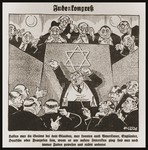 Caricature on the front page of the Nazi publication, Der Stuermer, depicting the Jew as one who pretends to be the same as his countrymen, but who knows he is Jewish and nothing else.