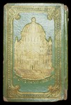 Front cover of a Haggadah with an image of a temple, painted in gold.