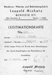 Work permit issued on April 1, 1941 to Chana (Hanka) Granek authorizing her employment at the Leopold Michatz garment factory in the Bedzin ghetto.