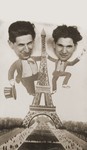 The Zion brothers of Eibergen, Holland pose in a cut out of an Eiffel Tower scene during a vacation in Paris.