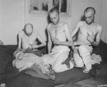 Three survivors of the death train in Dachau point to serial numbers they scratched into their skin for fear that they would remain unidentified if they died.