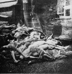 Corpses in Dachau piled behind the crematorium.