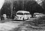 A convoy of Swedish Red Cross white buses, which are being used to evacuate concentration camp prisoners and transport them to Sweden, are lined up on a road.