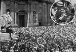 Adolf Hitler attends a rally in the Munich Odeonsplatz to celebrate the declaration of war in 1914.