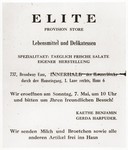 Advertisement for the "Elite Provision Store," a delicatessen opened by Gerda Harpuder, a German Jewish refugee in Shanghai.