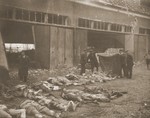 German civilians cover the bodies of prisoners killed in the Nordhausen concentration camp.