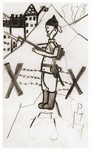 Drawing of a soldier standing in front of a barbed-wire fence holding a bayonet, made by Ralf Harpuder, a German Jewish refugee child living in Shanghai.