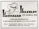 Advertisement  for the "Holzblat Hatmaker," a Jewish refugee-owned hat and accessory shop for men in Shanghai.