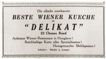 Advertisement  for "Delikat," a Jewish-refugee-owned Viennese restaurant on Chusan Road in Shanghai.
