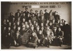 Group portrait of survivors from Chelm attending a memorial reunion on the [fifth?] anniversary of the destruction of the Jewish community in Chelm.