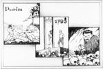 Propaganda slide entitled "Purim," featuring three images showing Jewish responsibility for catastrophic historical events: the demise of Haman, the terror of the French Revolution and the horror of the Bolshevik Revolution.