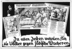 Propaganda slide entitled "Throughout history the nations defended themselves against Jewish usury," featuring three medieval depictions of Jewish economic activity.