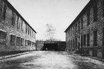View of the execution wall next to Block 11 in the Auschwitz I camp after liberation.