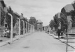 View of a road in the Auschwitz concentration camp separating rows of barracks and leading to a guard tower with, in the background, the crematorium I on the left and the Politische Abteilung's offices on the right.