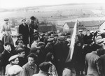 Jewish DPs at the Herzog displaced persons camp, participate in a demonstration to protest the forcible return of the Exodus 1947 immigrant ship to Europe.