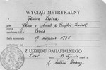 False Polish baptismal certificate issued to the Jewish child Yona Kunstler during World War II while she was in hiding under the assumed name of Yanina Lesiak.