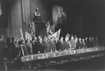 Delegates on the dais sing Hatikva (the Jewish National Anthem) at the closing session of the Third Congress of the Central Committee of the Liberated Jews in the US Zone in Bad Reichenhall.