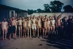 Group portrait of naked survivors in the Mauthausen concentration camp.