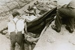 Austrian civilians lay the bodies of former inmates in a mass grave in the Mauthausen concentration camp.