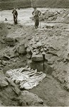 An American soldier looks on as an Austrian civilian buries the bodies of former inmates in a mass grave in the Mauthausen concentration camp.
