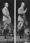 Chancellor Adolf Hitler stands on the podium before a crowd of youth during a Reichsparteitag (Reich Party Day) ceremony in Nuremberg.