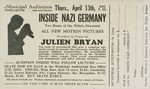 Advertisement for a film and lecture entitled "Inside Nazi Germany" by film documentarian Julien Bryan to be presented at the St.