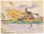 Watercolor painting by Simon Jeruchim entitled "Memory of June 6, 1944."

Having learned of the Allied invasion on a shortwave radio, the artist depicts the bombing and burning of a town that is situated on a river.