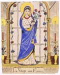 Watercolor painting by Simon Jeruchim.

This drawing entitled "La Vierge Aux Fleurs" was influenced by a statue of the Virgin Mary that was in the home where the artist lived.