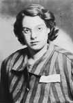 Portrait of Agnes Laszlo in her camp uniform taken shortly after liberation.