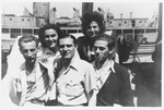 Group portrait of members of the Armée Juive French Jewish resistance at a reunion in Palestine in Kibbutz Sde Eliyahu.