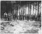 A group of German civilians stand with their shovels along the edge of a mass grave in Stamsried, Germany, which they have been charged with exhuming.