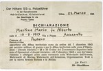 SS document issued to the Italian Jew Marcello Morpugo, who was living under the alias of Mario Martino during the German occupation of Italy.
