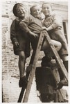 Three young boys who were members of the Buchenwald children's transport, pose on a ladder at the OSE (Oeuvre de Secours aux Enfants) children's home in Ecouis.