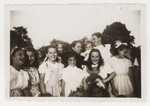 Group portrait of Jewish DP girls living at a children's home in Fublaines under the auspices of Rescue Children, Inc.