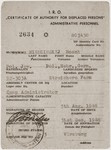 Certificate issued by the International Refugee Organization attesting that Noach Miedzinski is camp administrator of the Kibbutz Nili hachshara (Zionist collective) in Pleikerhof, Germany.