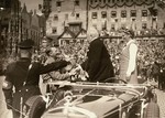 Adolf Hitler greets General Karl Litzmann on the Adolf Hitler Platz during Reichsparteitag (Reich Party Day) ceremonies in Nuremberg.