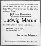 An obituary notice in the Badische Presse for Ludwig Marum.