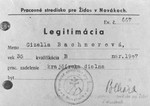 Identification card for Gizella Bachnerova issued in the Novaky labor camp in Slovakia.